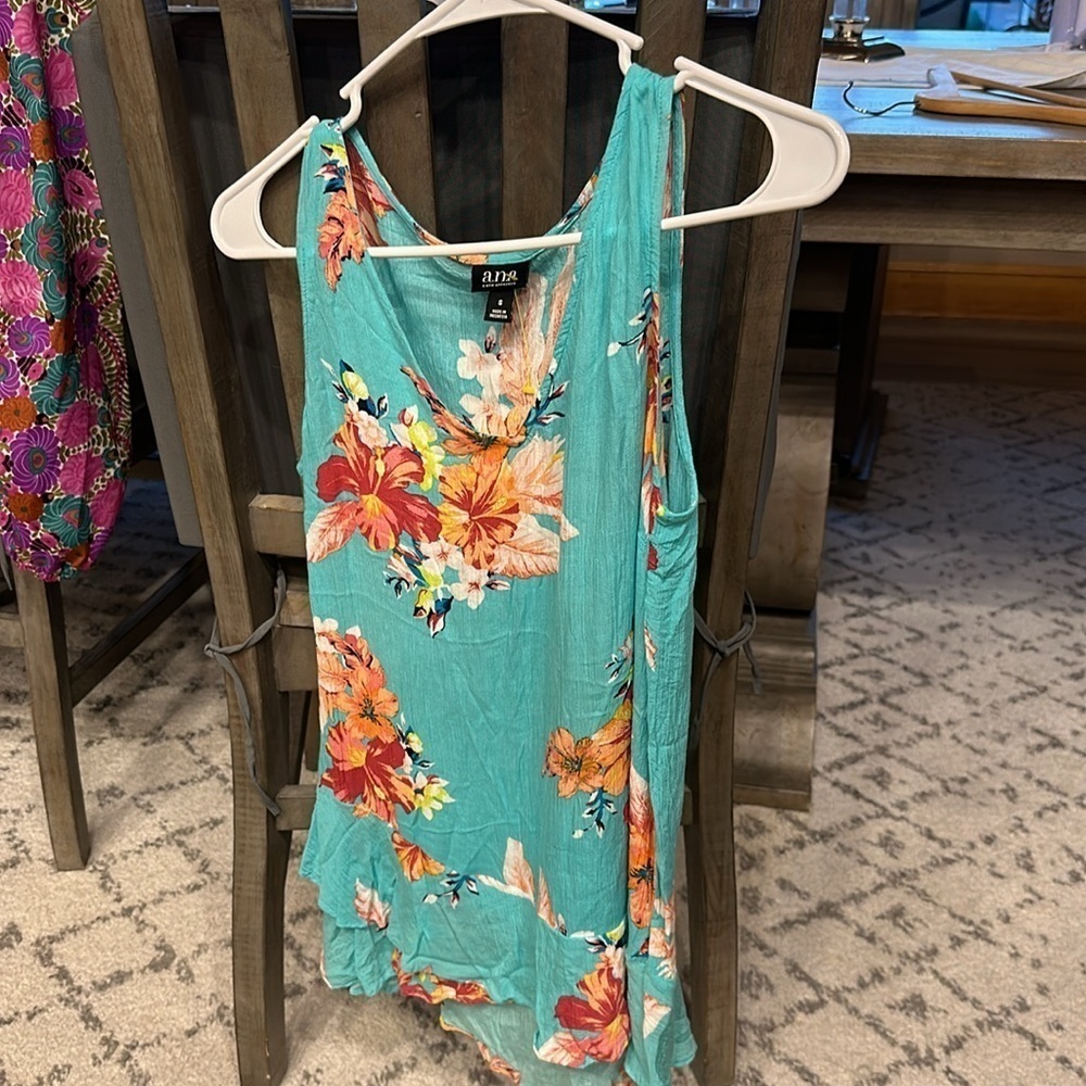 a.n.a tank top with flutter bottom aqua blue, orange, red yellow flowers small - Picture 2 of 10